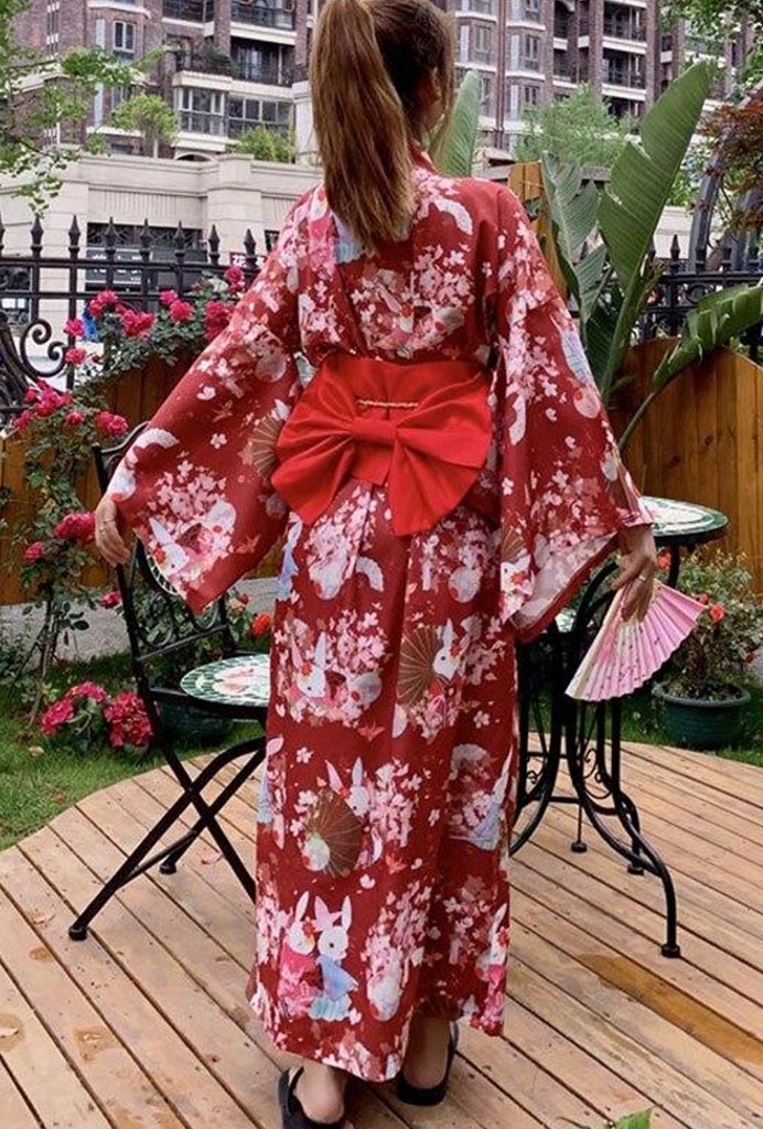kimono femme rouge fleur