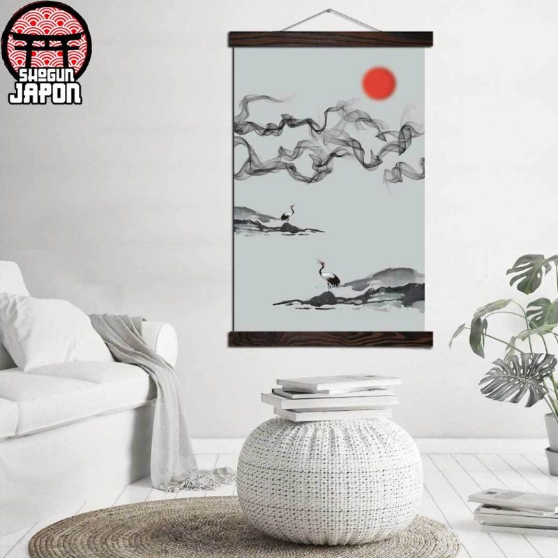 tableau heron oiseau japonais avec la lune