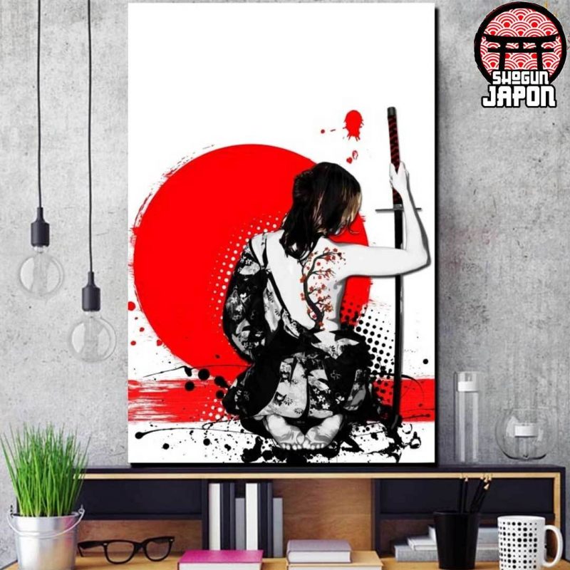 tableau japon noir blanc rouge avec un katana