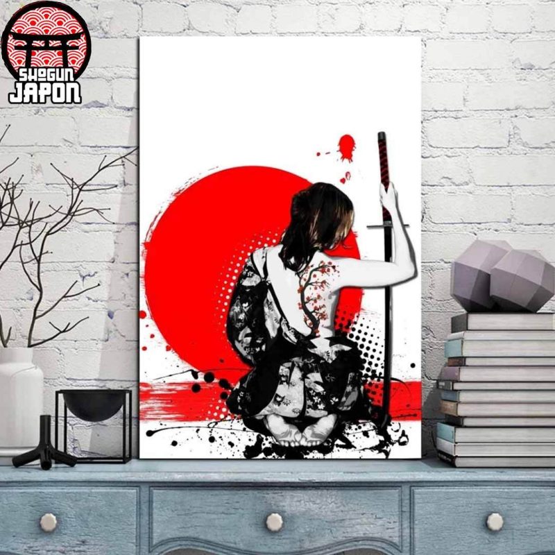tableau japon noir blanc rouge avec une epee